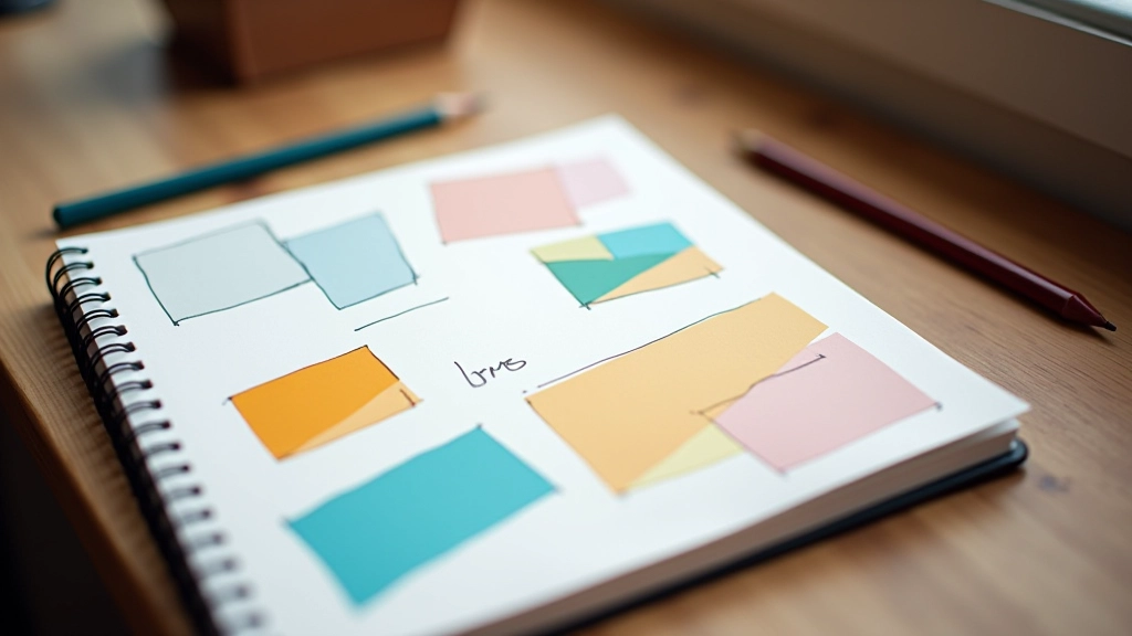 Notebook s designovými skicami diagonálních tvarů a barevnými pruhy