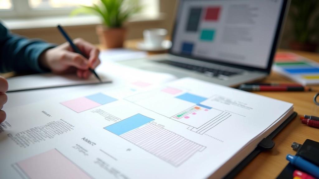 Notebook s nákresy diagonálních webových designů a barevnými schématy