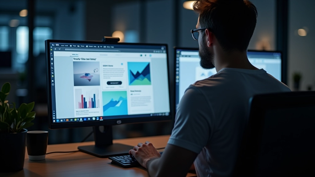 Webový developer pracující na notebooku s dvěma monitory, jeden zobrazuje mobilní verzi